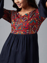 Red And Navy Ethnic Printed Gathered A-Line Top