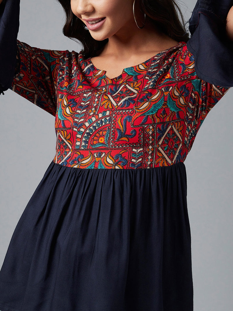 Red And Navy Ethnic Printed Gathered A-Line Top