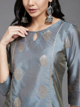 Grey Gold Printed Side Slit Straight Kurta And Solid Palazzo And Dupatta Set