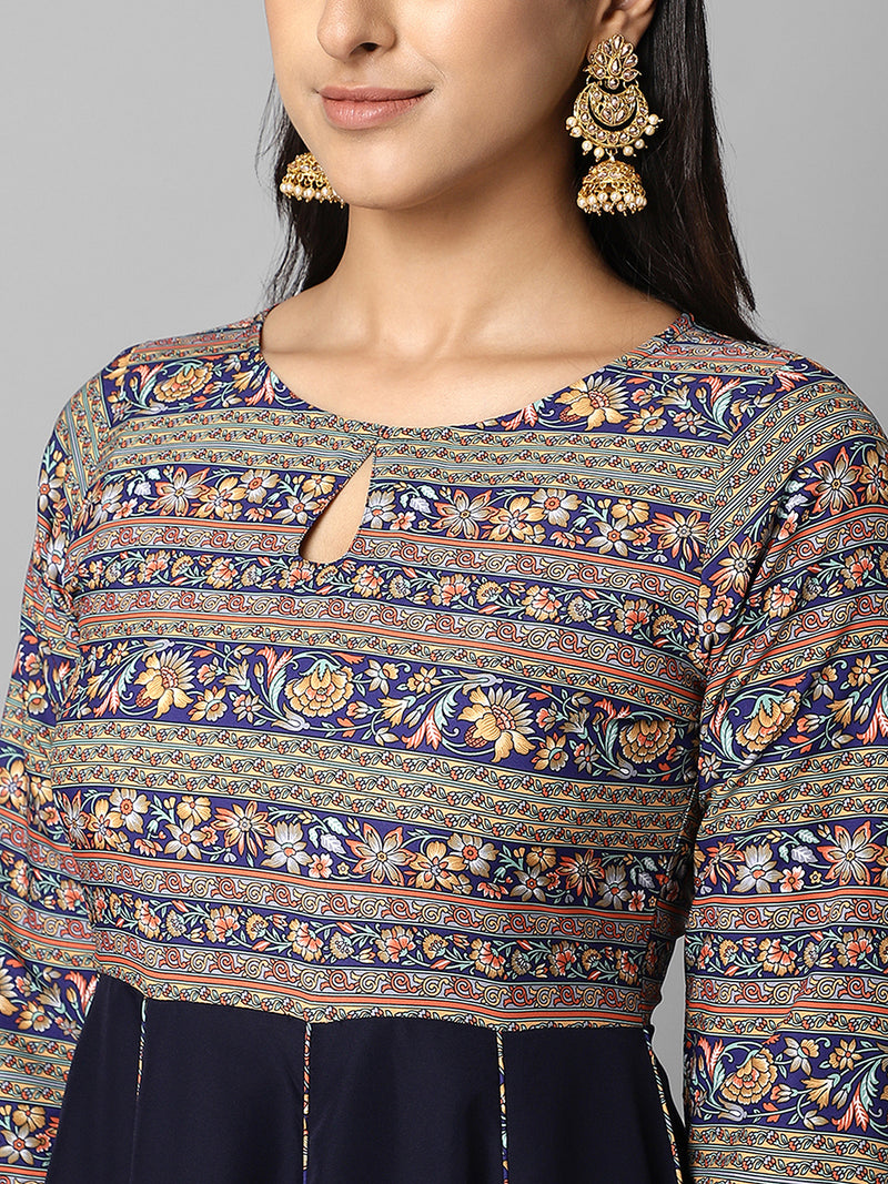 Navy Blue Floral Printed Anarkali Kurta