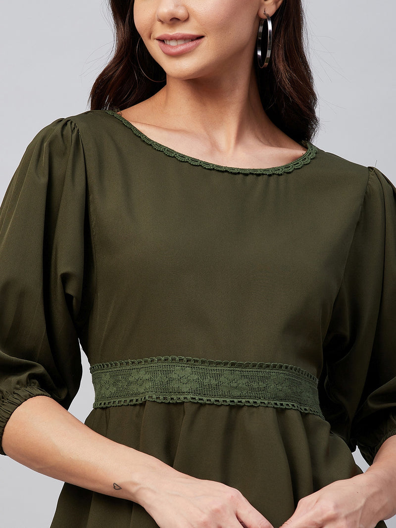 Solid Olive Gathered A-Line Top