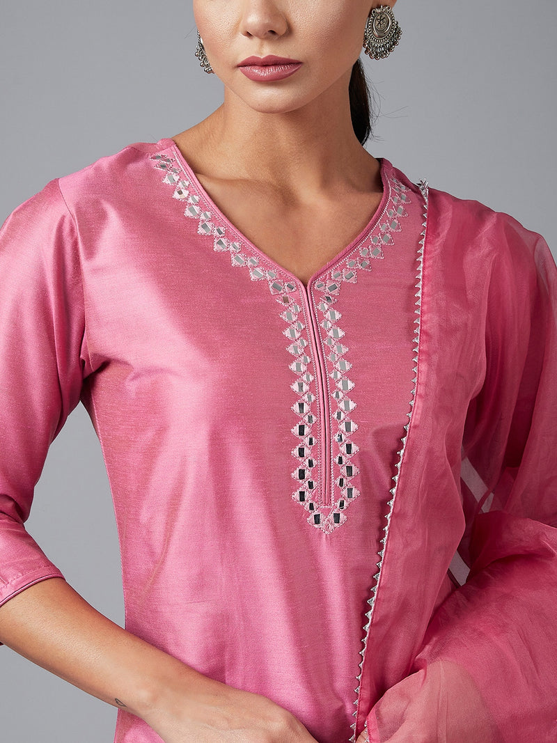 Pink Solid Embroidred Side Slit Straight Kurta Palazzo And Dupatta Set