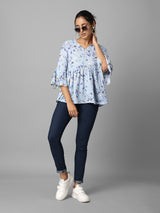 Sky Blue Floral Printed Gathered Top