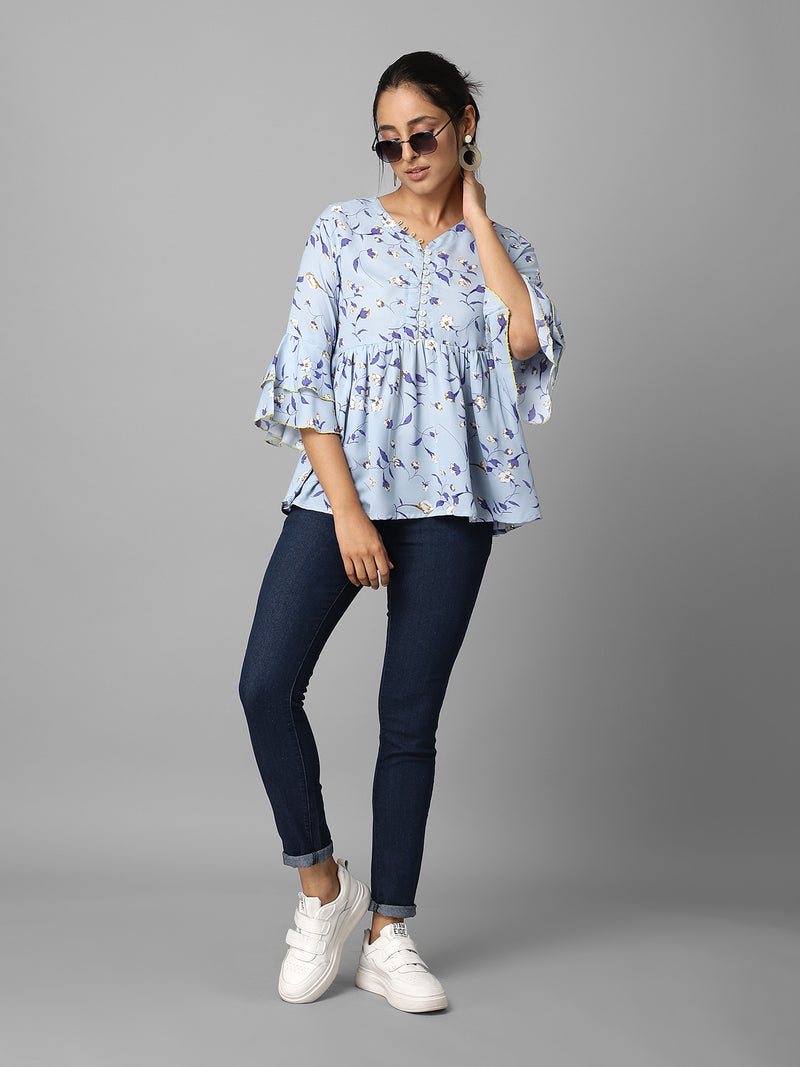 Sky Blue Floral Printed Gathered Top