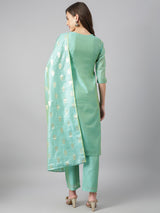 Solid Green Side Slit Straight Kurta Palazzo And Printed Dupatta Set