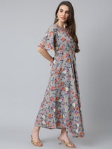 Grey Floral Printed Georgette Printed A-Line Dress