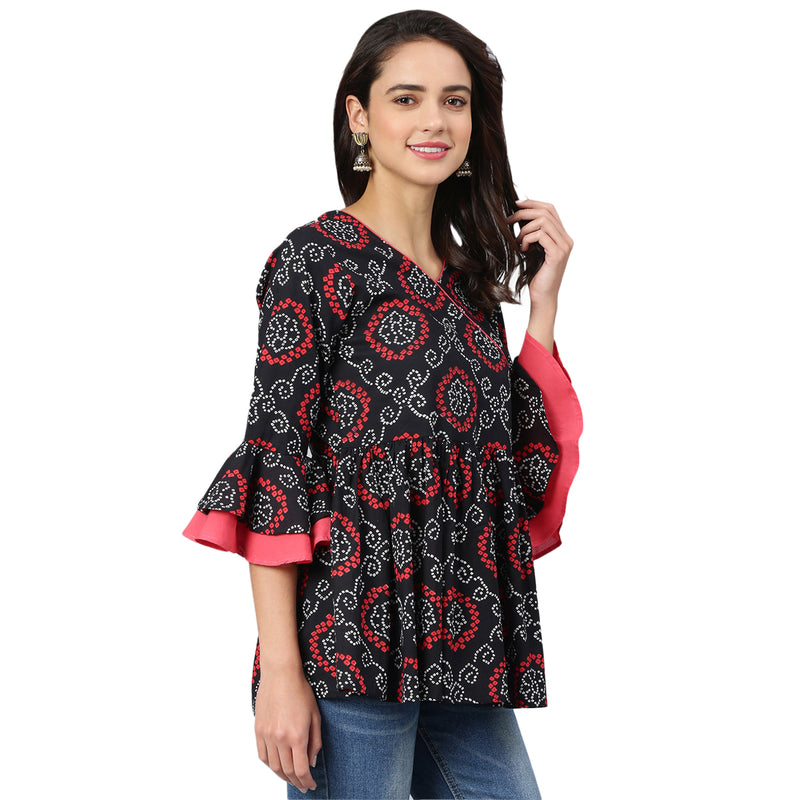 Black And Red Bandhani Printed Gathered A-Line Top