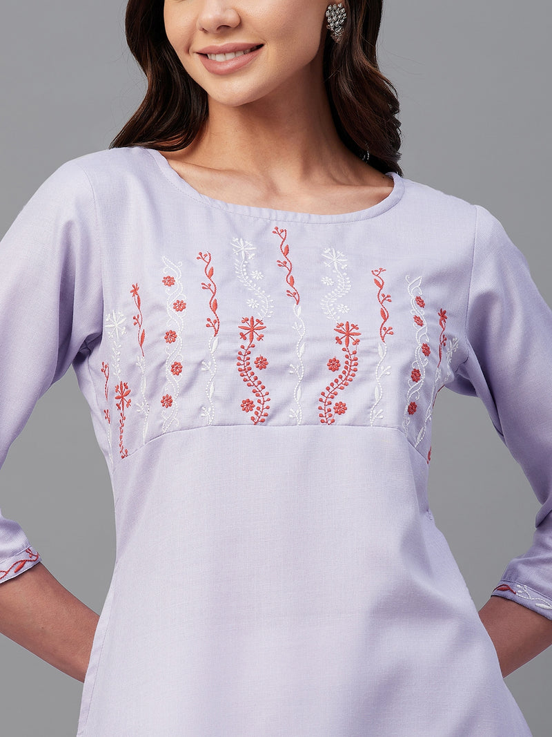 Lavender Solid Embroidered A-Line Kurta