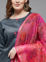 Embroidered Kurta With Trouser And Printed Dupatta