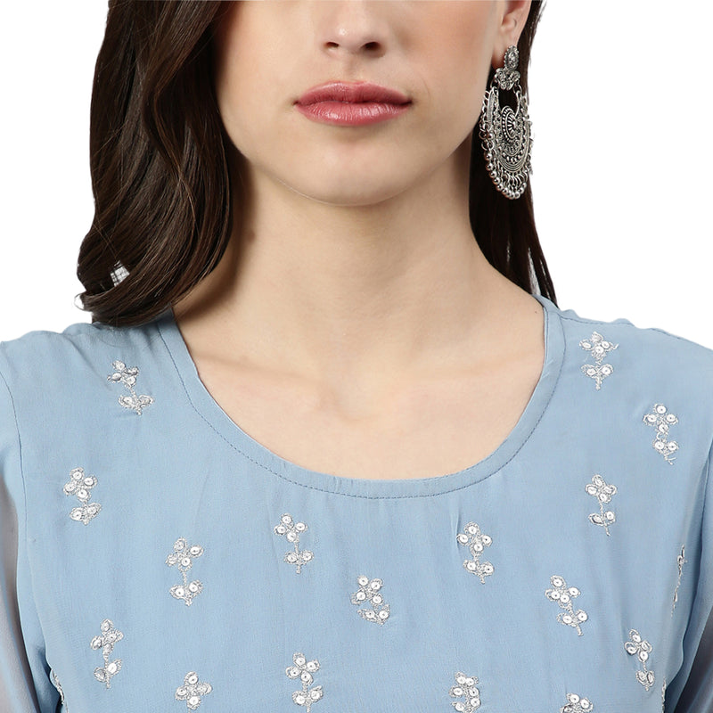 Solid Blue Embroidered Anarkali Kurta