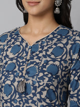 Navy Blue Printed Side Slit Straight Kurta Palazzo And Dupatta Set