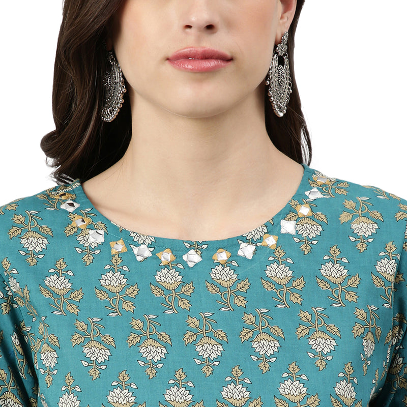 Green Ethnic Printed Side Slit Straight Kurta