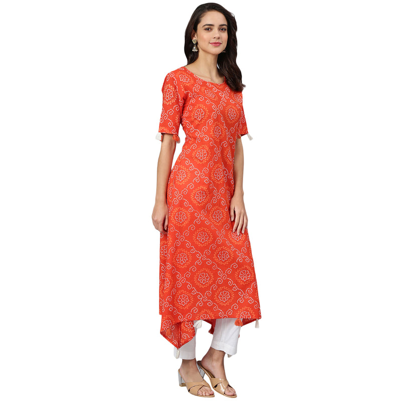 Orange And White Bandhani Printed A-Line Kurta