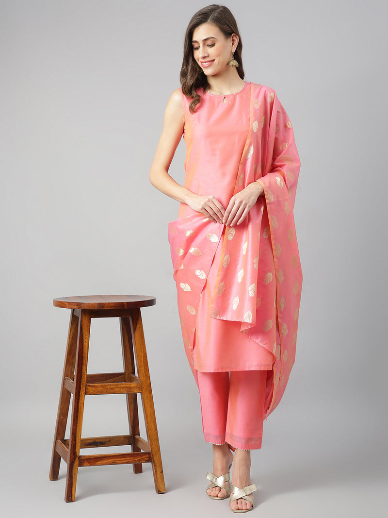 Solid Peach Side Slit Straight Kurta Palazzo And Gold Dupatta