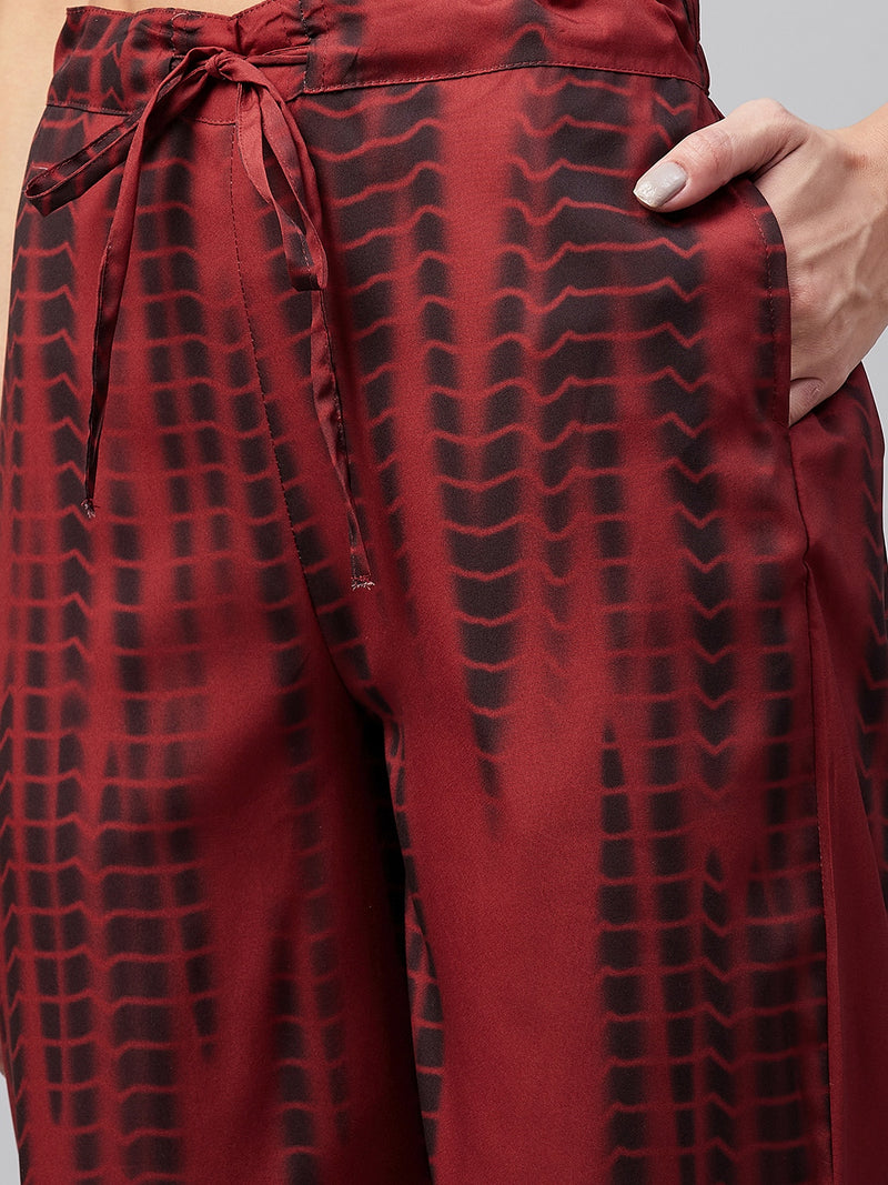 Maroon And Black Shibori Printed Side Slit Straight Kurta Palazzo And Dupatta Set