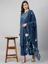 Solid Petrol Blue Side Slit Straight Kurta Palazzo And Dupatta Set