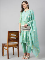 Solid Green Side Slit Straight Kurta Palazzo And Printed Dupatta Set