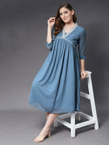 Long V-Neck Dress With Thread Embroidery With Nice Bust Cut