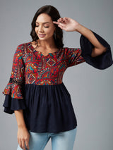 Red And Navy Ethnic Printed Gathered A-Line Top