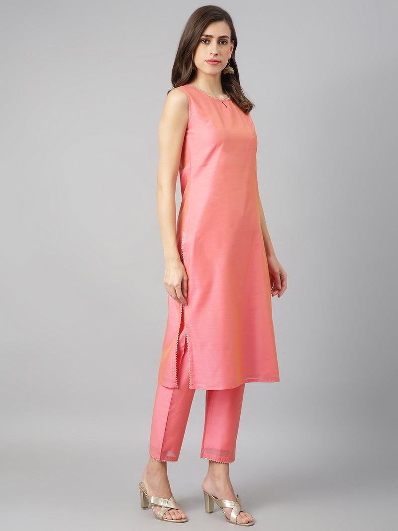 Solid Peach Side Slit Straight Kurta Palazzo And Gold Dupatta