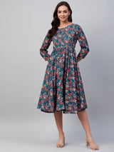 Multi Color Ethnic Printed Gathered A-Line Dress