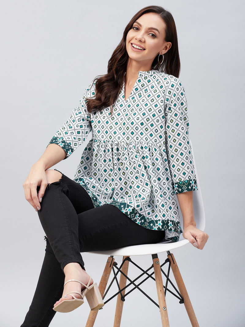 White And Green Geometric Printed Gathered A-Line Top