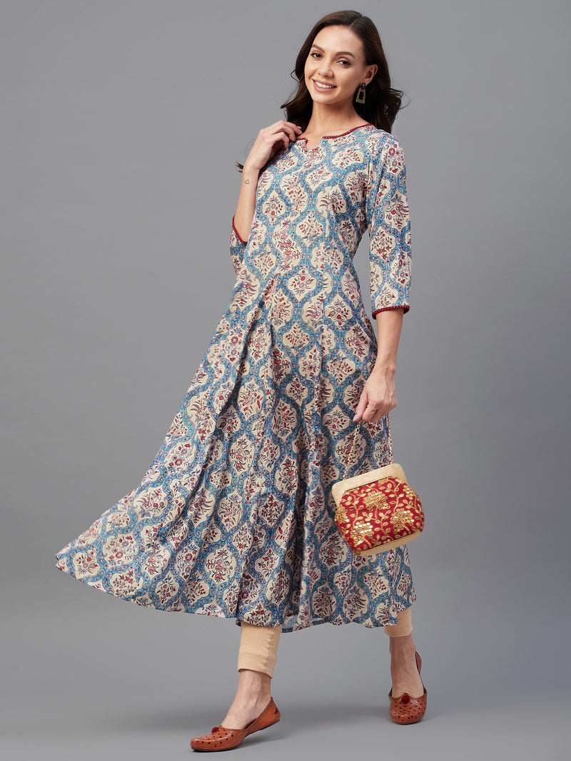 Beige And Maroon Printed Anarkali Kurta