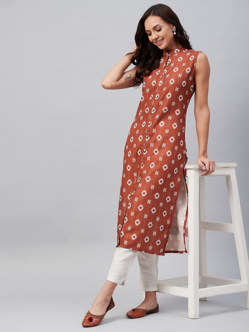 Rust And White Geometric Printed Side Slit Button Down Straight Kurta