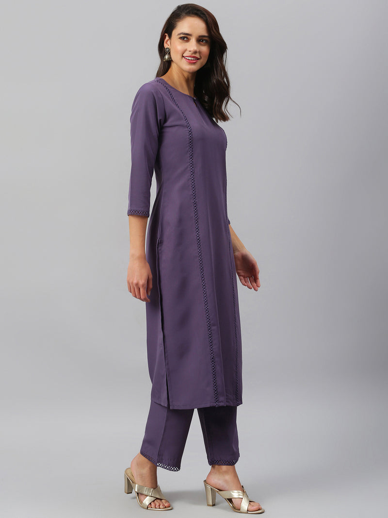 Solid Purple Side Slit Straight Kurta And Palazzo Set