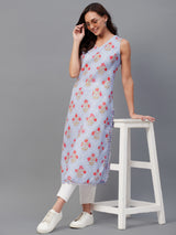 Lavender Floral Printed Sleeveless Side Slit Straight Kurta