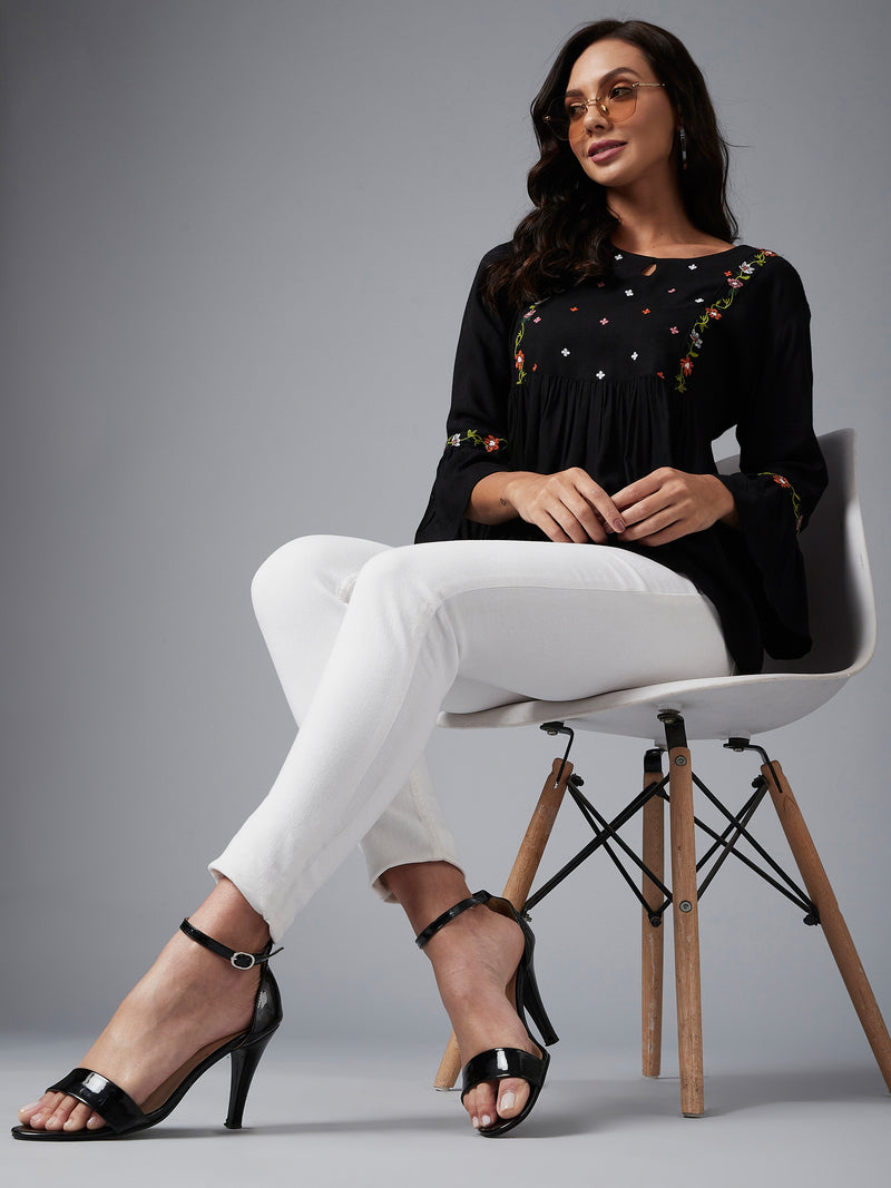 Solid Black Embroidered Gathered A-Line Top