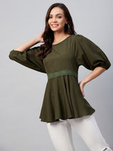 Solid Olive Gathered A-Line Top