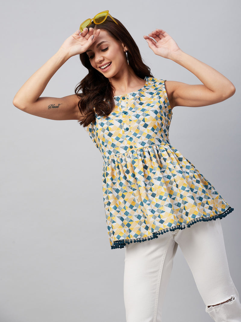 Yellow And Blue Geometric Printed Gathered A-Line Top