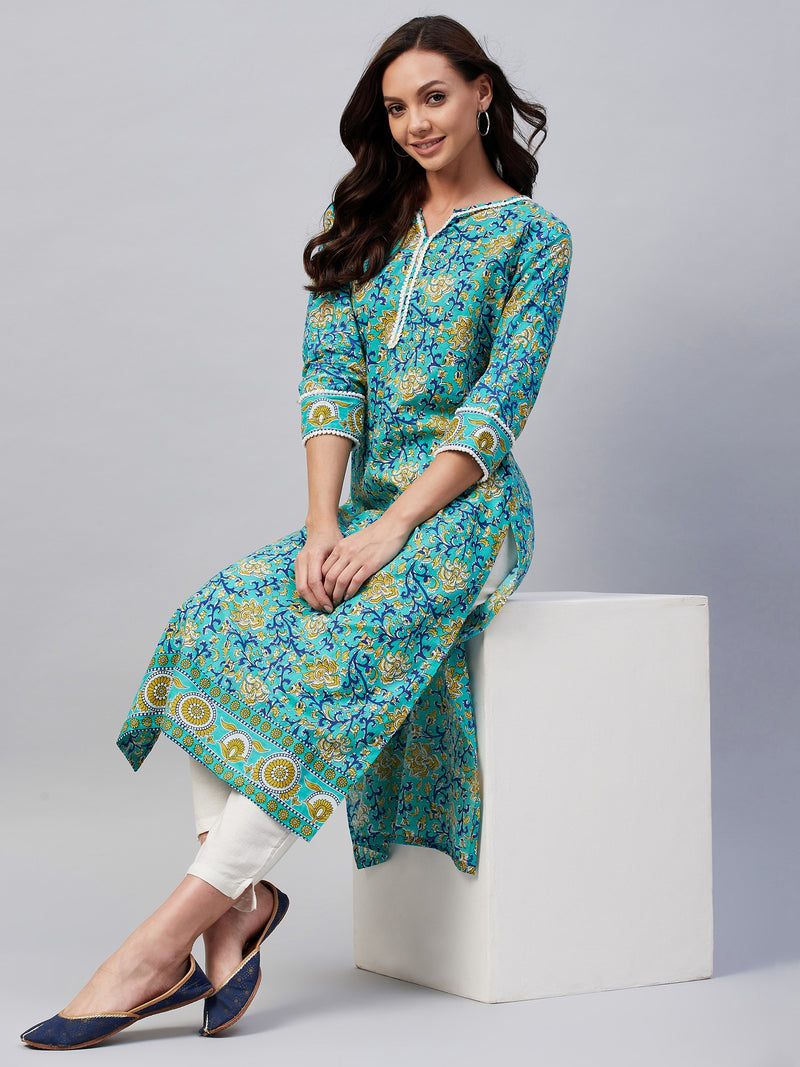 Green Floral Printed Side Slit Straight Kurta