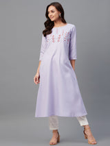 Lavender Solid Embroidered A-Line Kurta