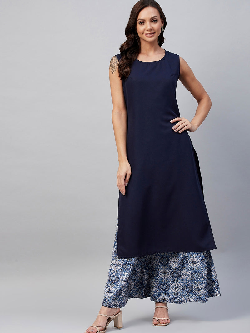 Navy Blue Ethnic Printed Side Slit Straight Kurta Palazzo And Jacket Set