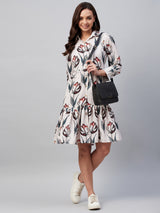 Beige And Red Floral Printed Button Down Gathered A-Line Dress