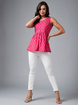 Magenta Ethnic Gold Printed Sleeveless A-Line Top