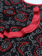 Black And Red Bandhani Printed Gathered A-Line Top