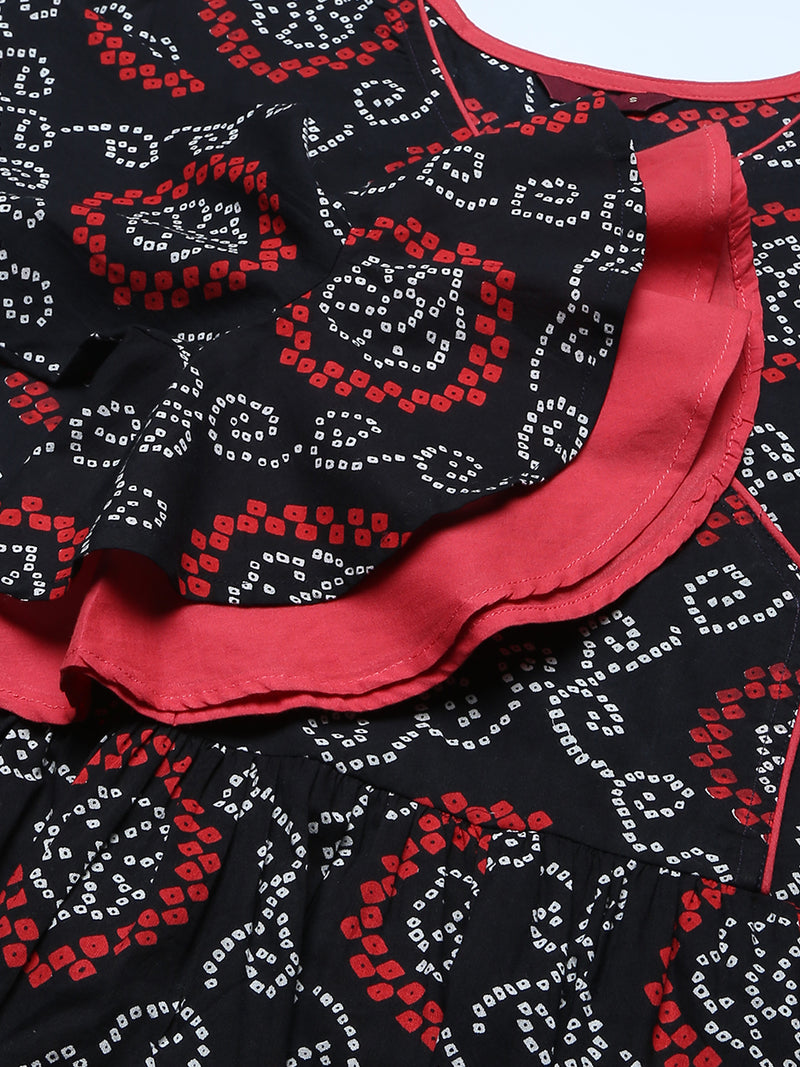 Black And Red Bandhani Printed Gathered A-Line Top