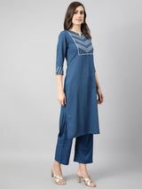 Solid Petrol Blue Side Slit Straight Kurta Palazzo And Dupatta Set