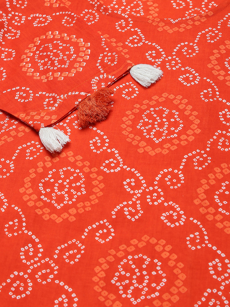 Orange And White Bandhani Printed A-Line Kurta