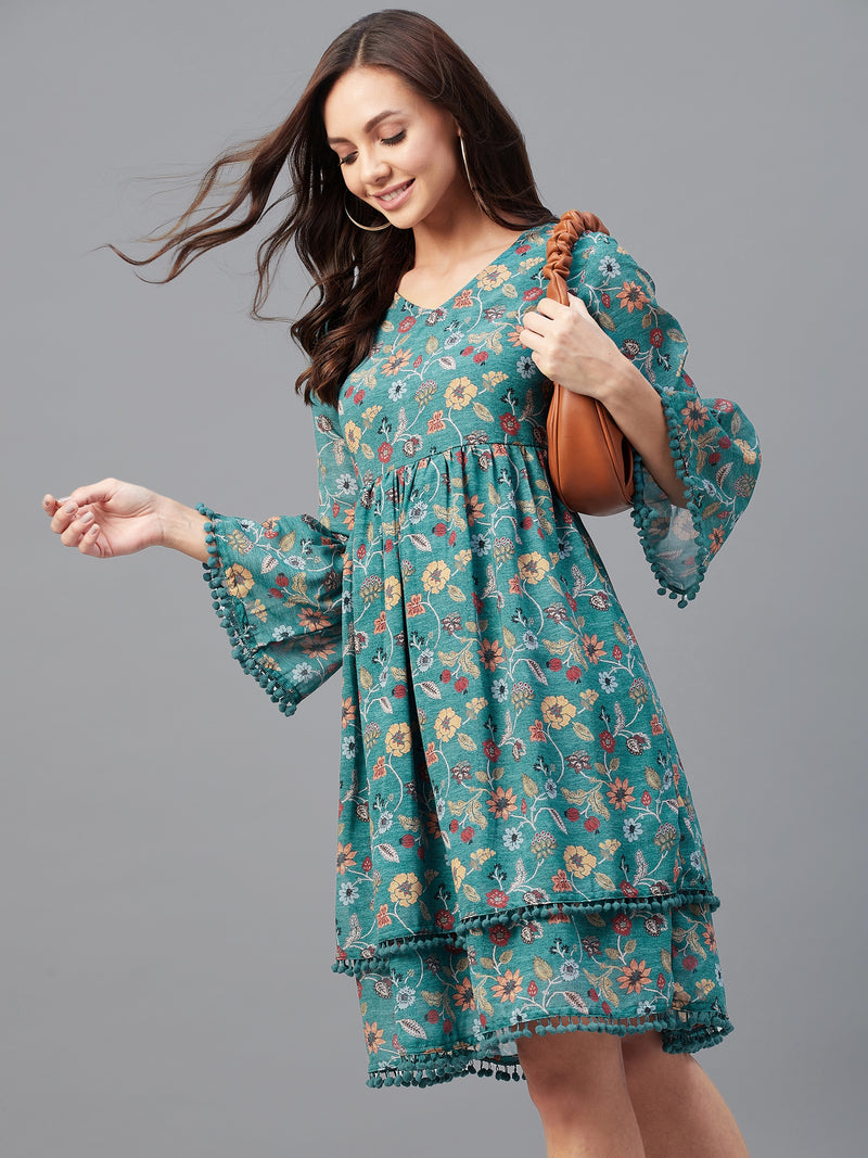 Green floral Printed Gathered A-Line Dress