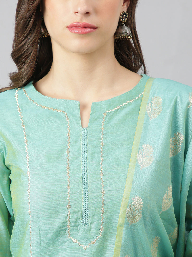 Solid Green Side Slit Straight Kurta Palazzo And Printed Dupatta Set