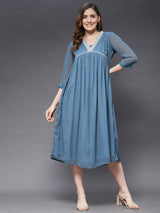 Long V-Neck Dress With Thread Embroidery With Nice Bust Cut