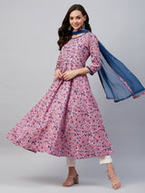 Pink And Blue Floral Printed Anarkali Kurta And Dupatta