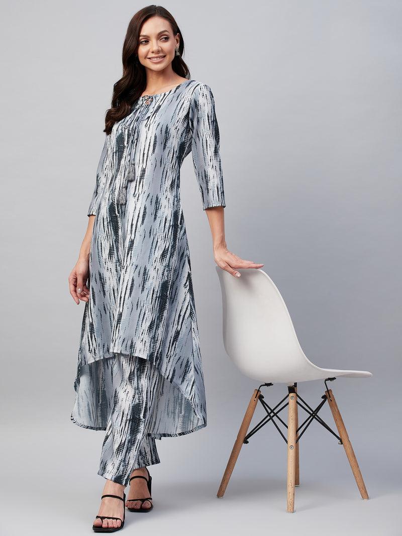 Grey And Black Shibori Hi-Low A-Line Kurta Palazzo Set