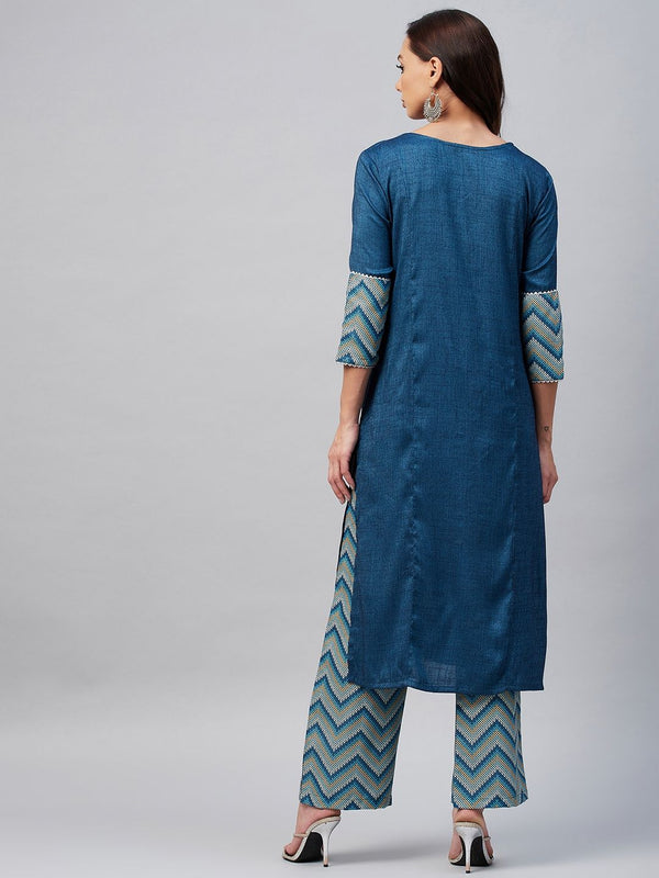 Blue And Yellow Chevron Printed Side Slit Straight Kurta Palazzo Set