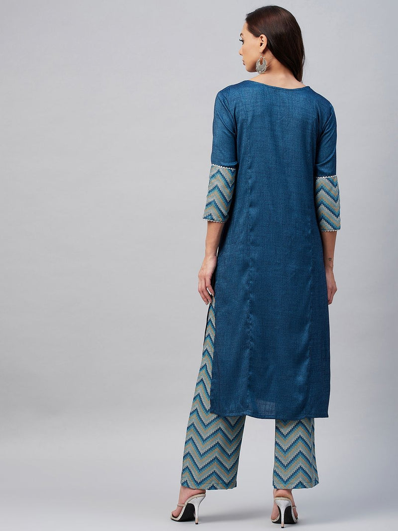 Blue And Yellow Chevron Printed Side Slit Straight Kurta Palazzo Set