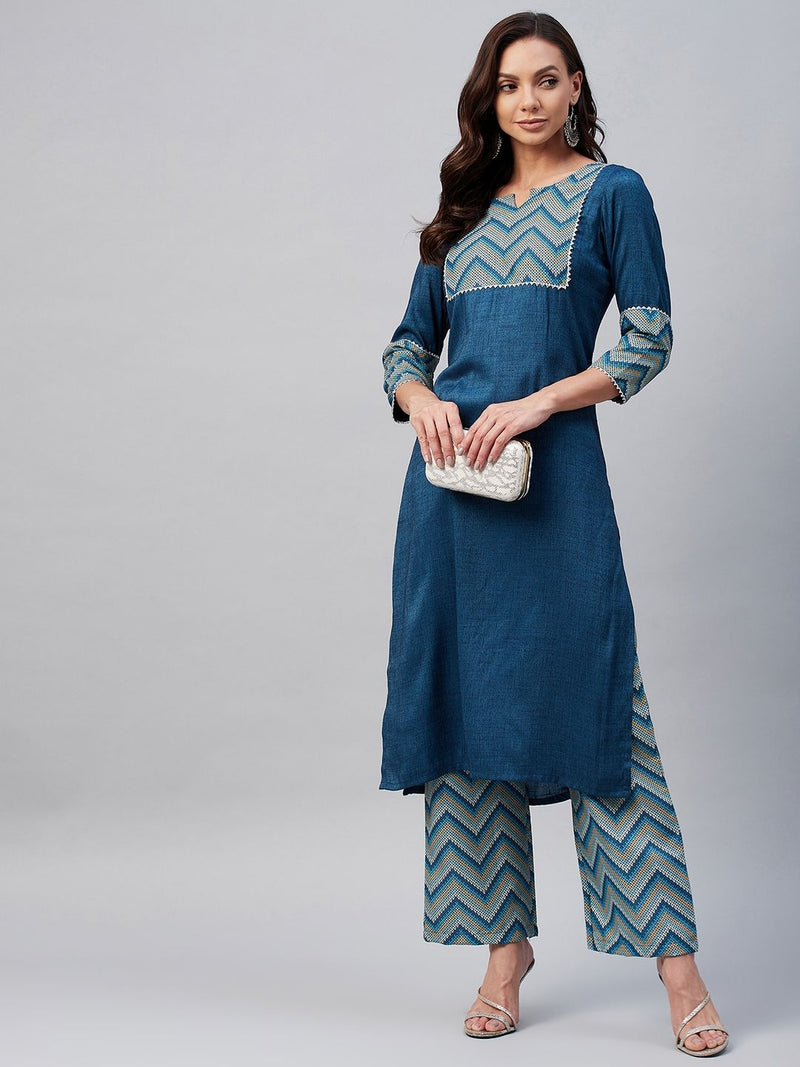 Blue And Yellow Chevron Printed Side Slit Straight Kurta Palazzo Set